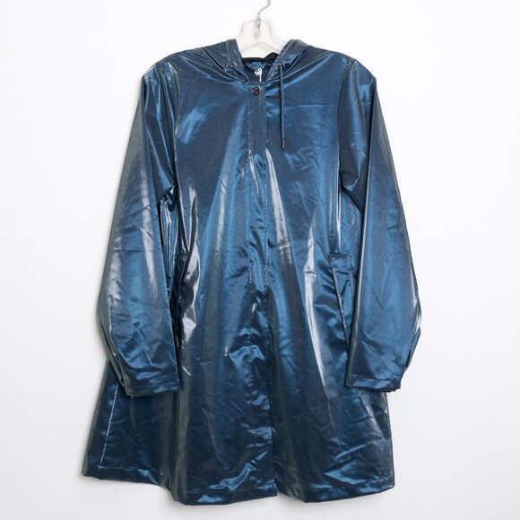 RAINS A-Line Waterproof Hooded Rain Jacket in Sonic Blue Metallic XS - Picture 2 of 15